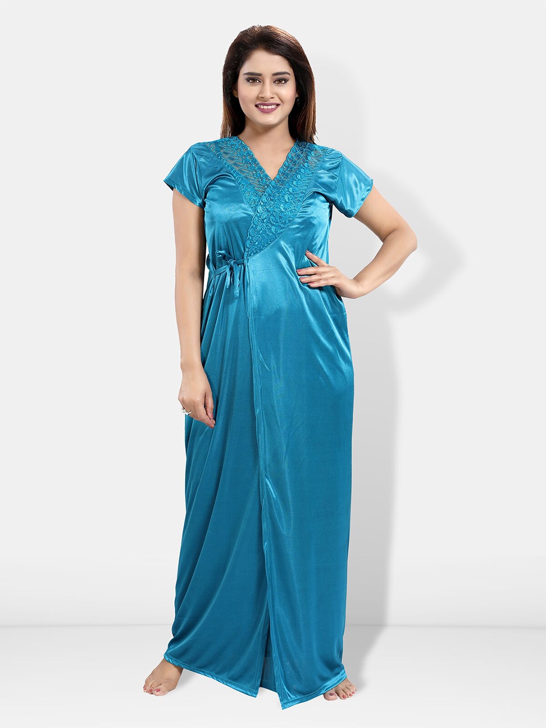 

Be You 6 Pieces Satin Maxi Nightwear Set, Turquoise blue