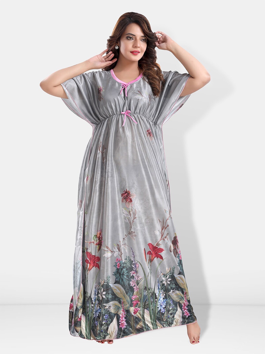 

Be You Floral Printed V-Neck Satin Maxi Nightdress, Silver