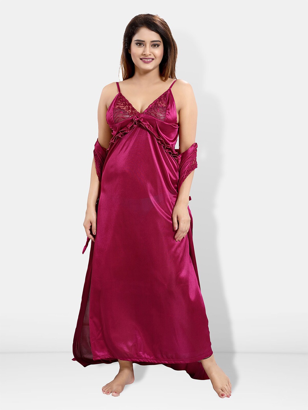 

Be You Pack Of 6 Satin Maxi Wrap Nightdress With Lingerie Set, Magenta
