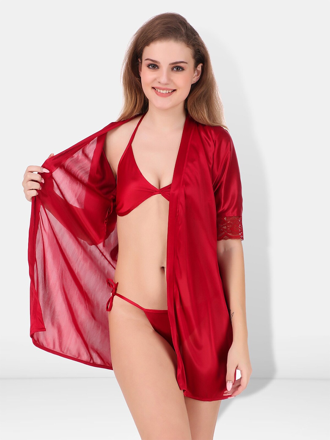 

Be You Non-Wired Non Padded Lingerie Set With Robe BUF-3-PCS-SET-2252-L, Maroon