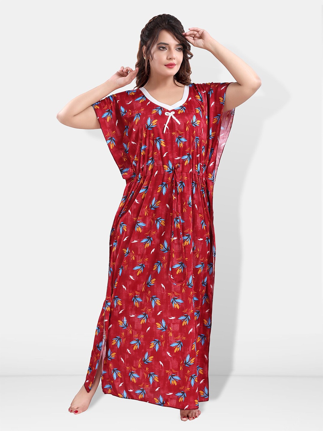 

Be You Floral Printed V-Neck Satin Kaftan Nightdress, Maroon