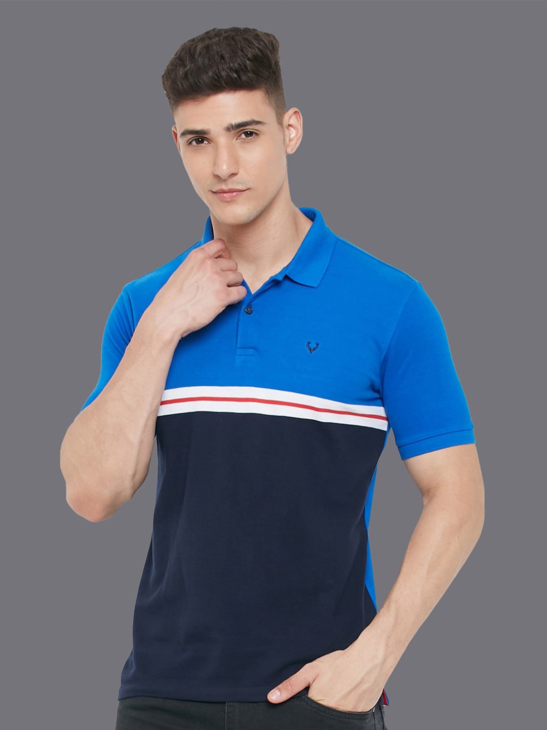 

Allen Solly Colourblocked Polo Collar Pure Cotton T-Shirt, Blue