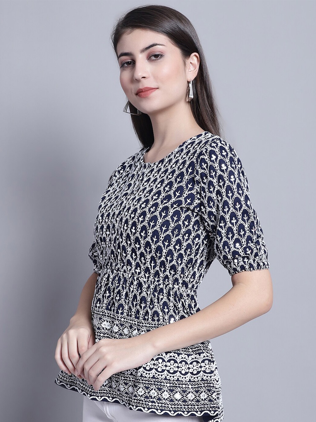 

JAINISH Floral Embroidered Sequinned Cotton Cinched Waist Top, Navy blue