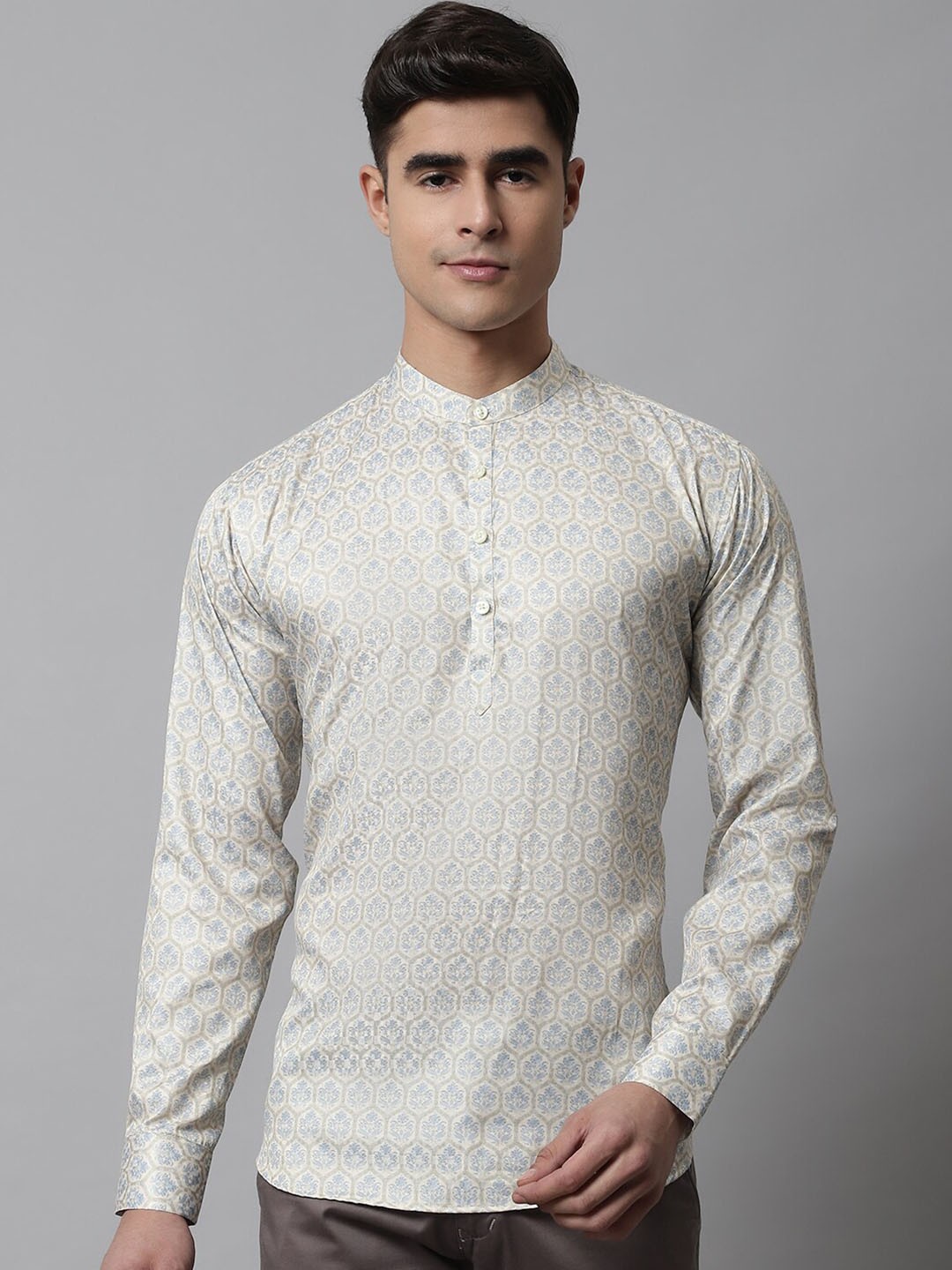 

Majestic Man Floral Printed Mandarin Collar Kurta, Cream