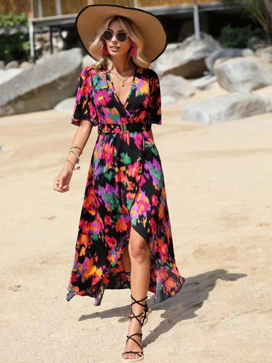 

StyleCast Black Floral Printed Flared Sleeve Belted Wrap Maxi Dress