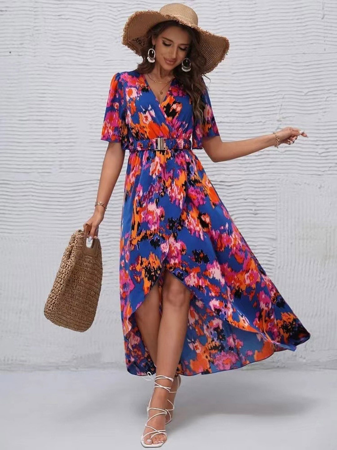 

StyleCast Blue & Orange Coloured Abstract Printed Flared Sleeve Belted Wrap Dress