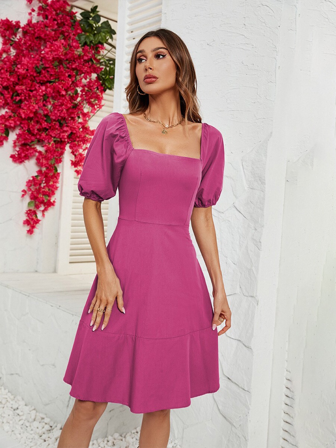 

BoStreet Pink Off-Shoulder Puff Sleeve Fit & Flare Dress