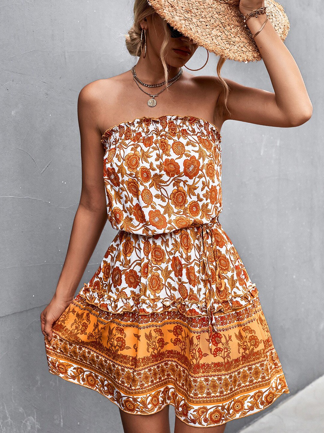

StyleCast Orange Floral Printed Strapless Gather Detail Fit & Flare Dress With Belt