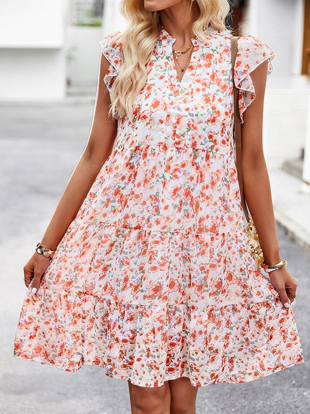 

BoStreet White & Orange Floral Printed Mandarin Collar Flutter Sleeves A-Line Dress