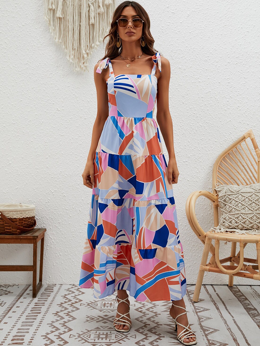 

BoStreet Blue Abstract Printed Shoulder Straps Tiered Maxi Dress