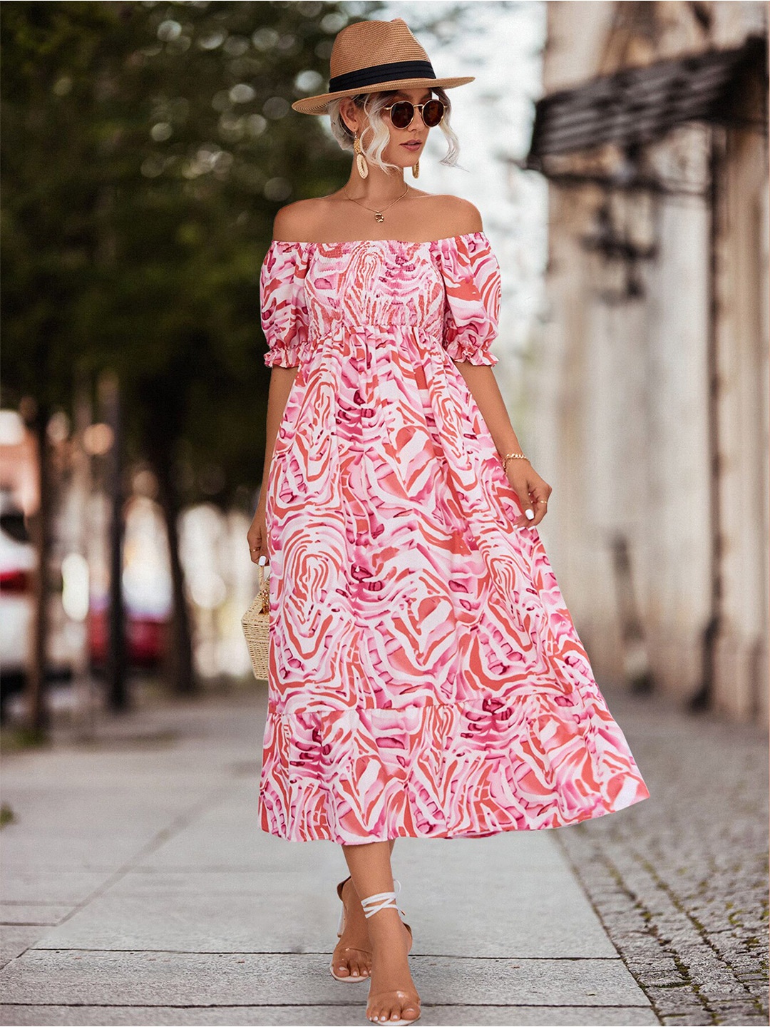 

StyleCast Pink Abstract Printed Off-Shoulder Puff Sleeves Smocked Fit and Flare Dress