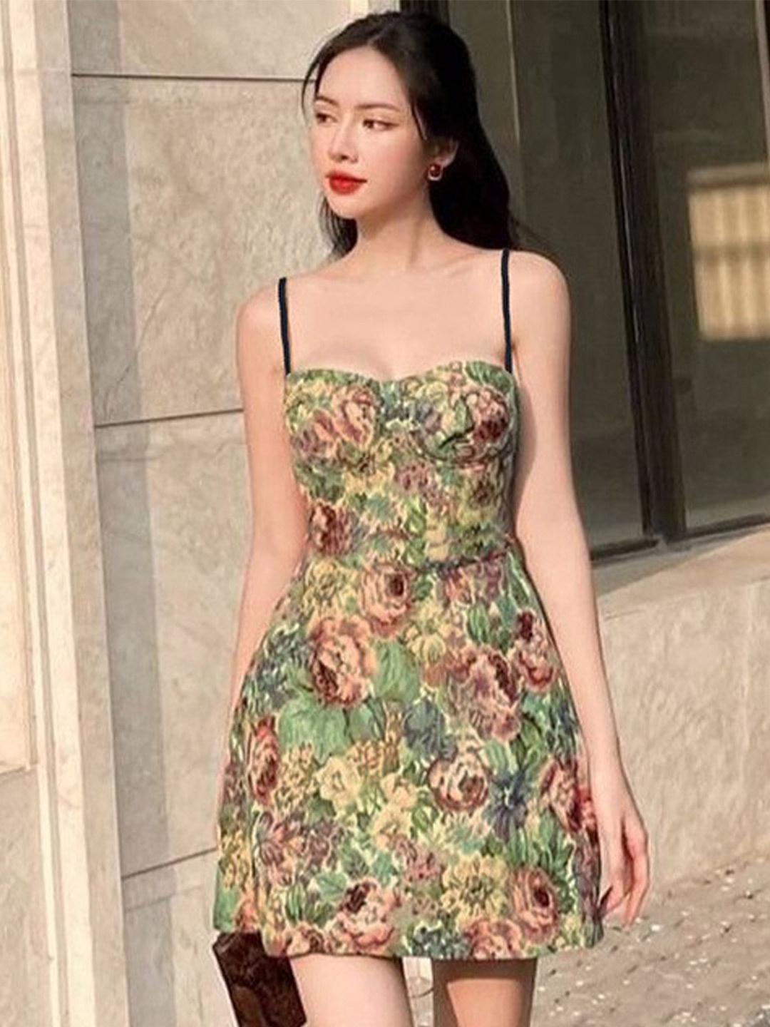 

BoStreet Green & Brown Floral Printed A-Line Dress