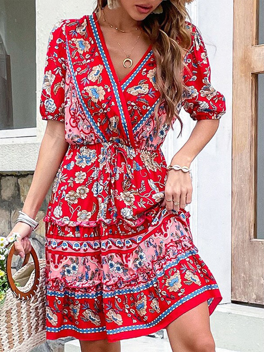 

StyleCast Red & Blue Bohemian Printed Layered Wrap Dress