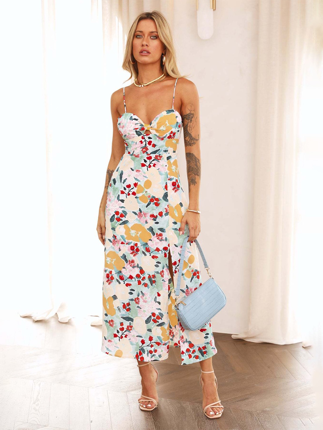 

BoStreet Red Floral Printed Shoulder Strap Cut Out A-Line Midi Dress
