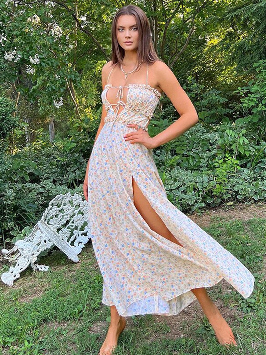 

BoStreet Floral Printed Halter Neck Tie-Up Fit & Flare Maxi Dress, Beige