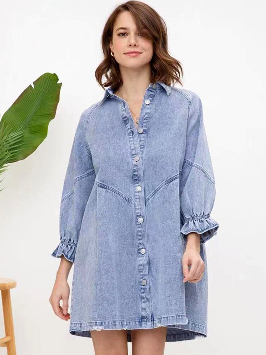 

StyleCast Blue Shirt Collar Raglan Sleeves Cotton Shirt Dress