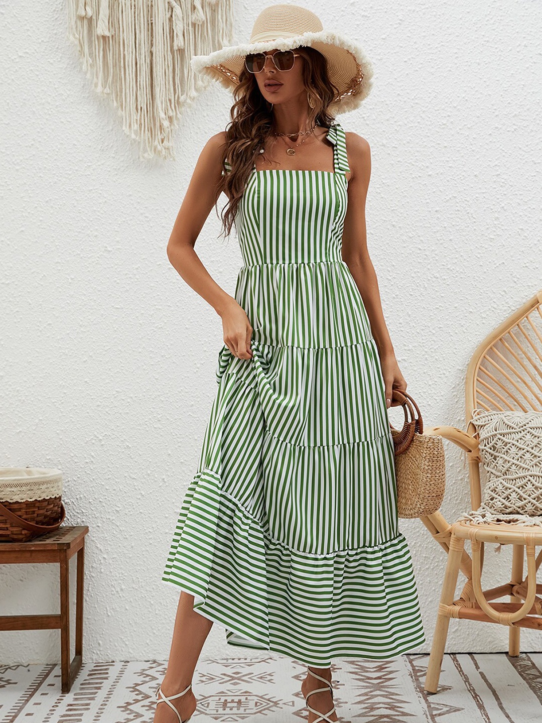 

StyleCast Green Striped Shoulder Straps Tiered Maxi Dress