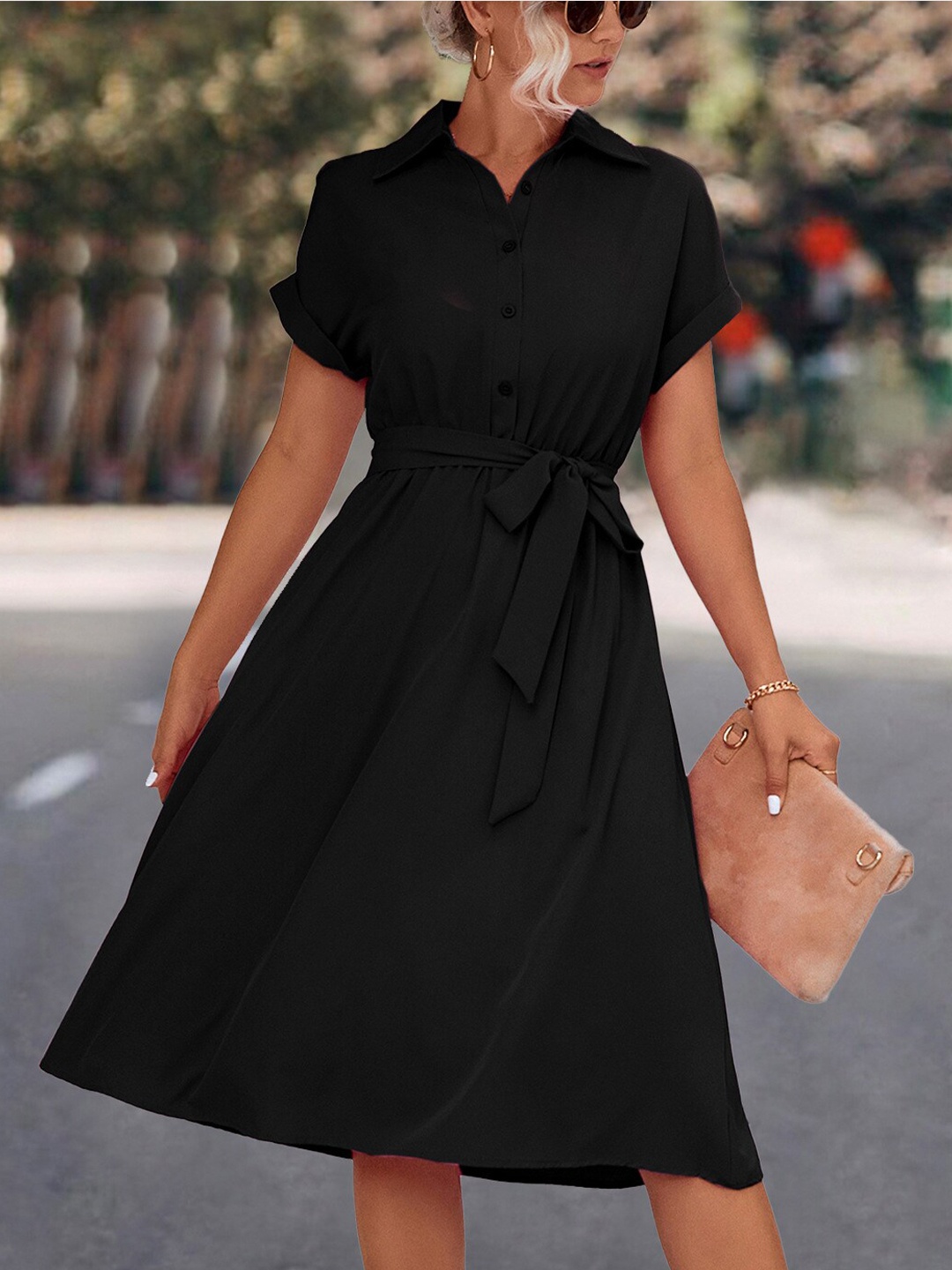 

BoStreet Shirt Collar Extended Sleeves Shirt Dress, Black