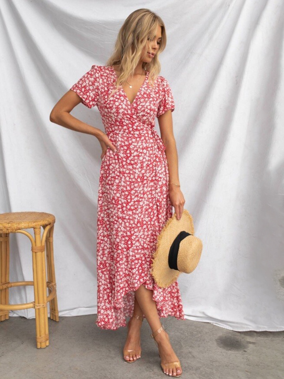 

BoStreet Red & White Floral Printed V-Neck Puff Sleeves Wrap Maxi Dress