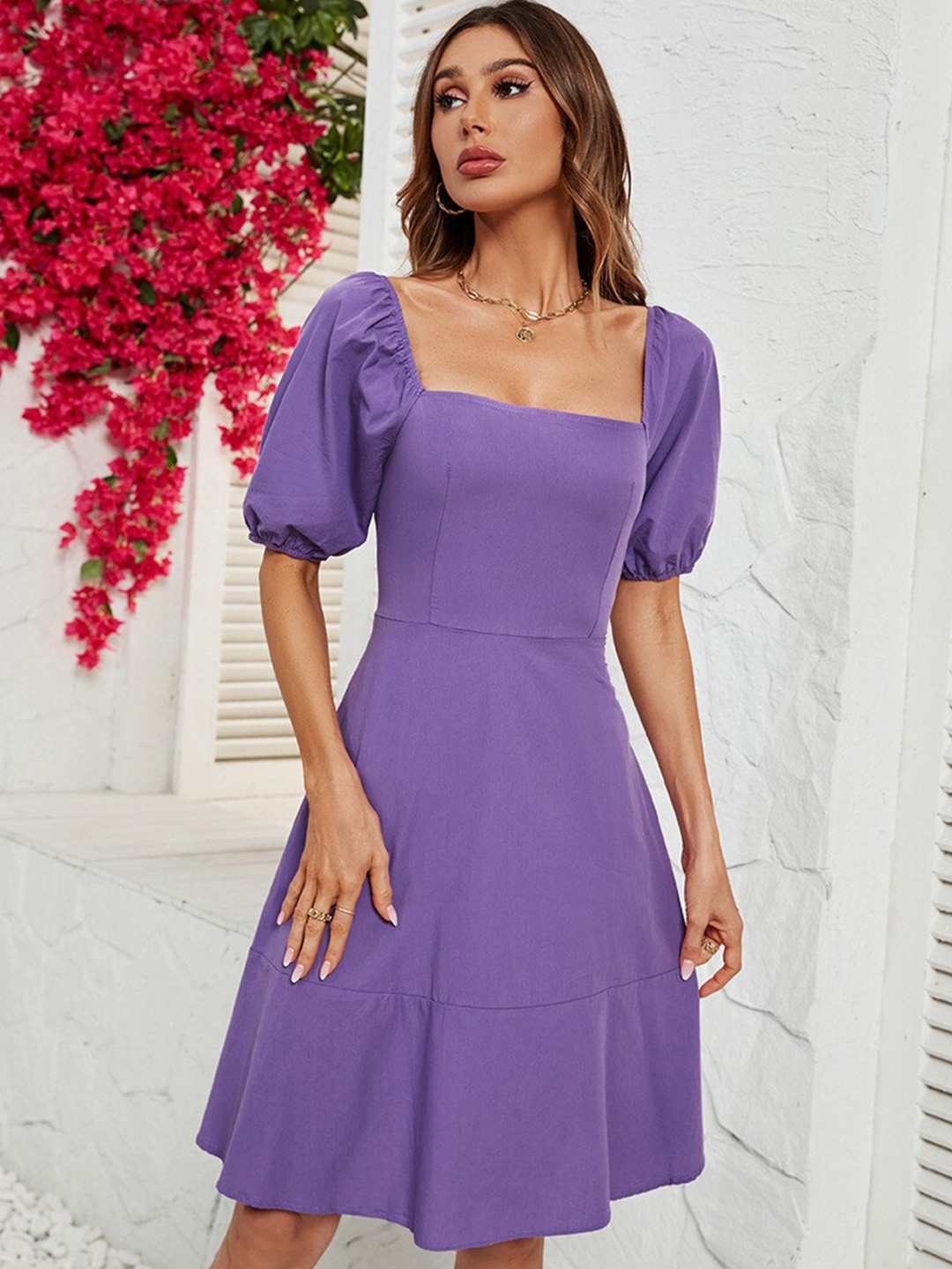 

BoStreet Purple Square Neck Puff Sleeve Fit & Flare Dress