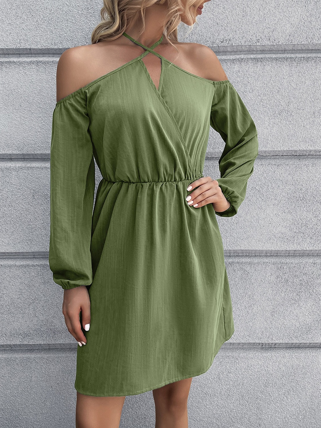 

BoStreet Olive Colour Off Shoulder Puff Sleeve Gathered Fit & Flare Dress