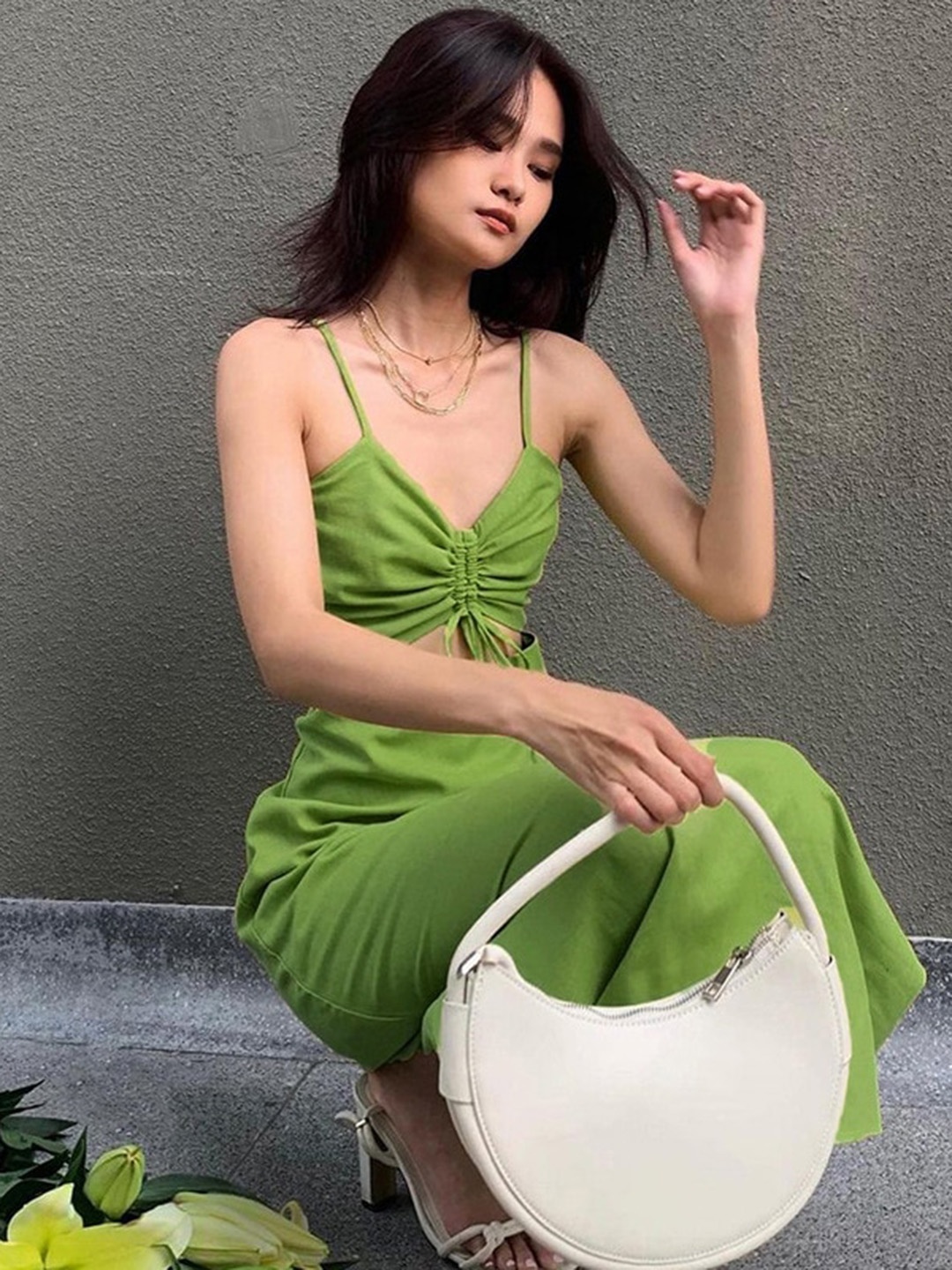 

BoStreet Green Shoulder Straps Cut-Out Ruched Bodycon Dress