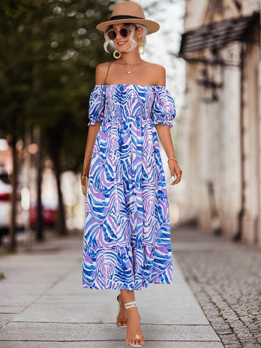 

BoStreet White & Blue Colour Abstract Printed Off Shoulder Smocked Fit & Flare Dress
