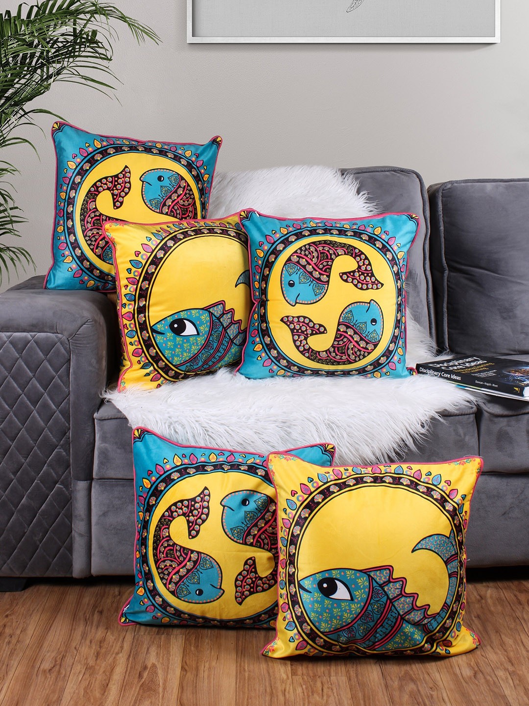 

STITCHNEST Yellow & Blue 5 Pieces Ethnic Motifs Velvet Square Cushion Covers