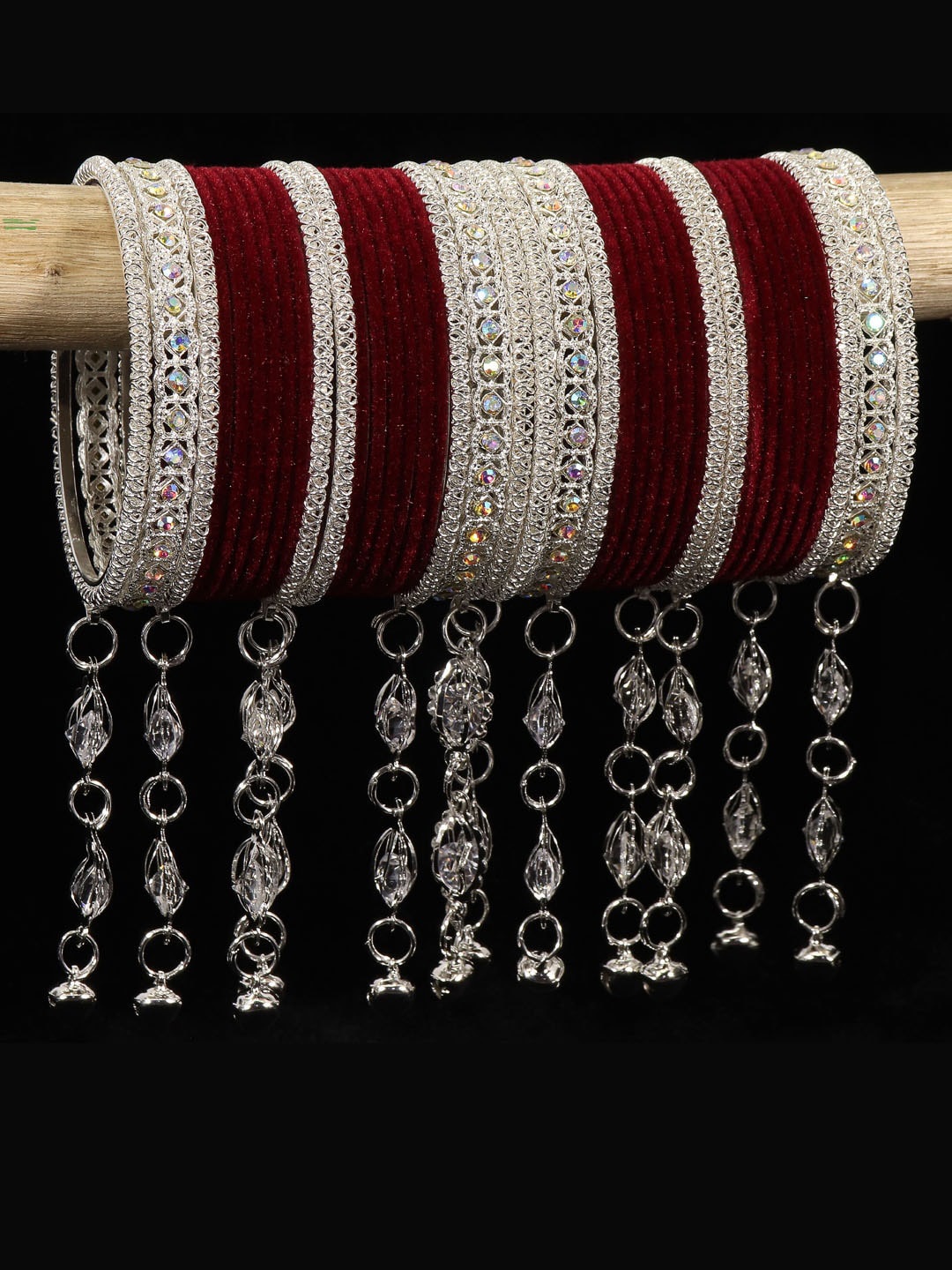 

NMII Set Of 40 Stones-Studded Velvet Bangles, Maroon