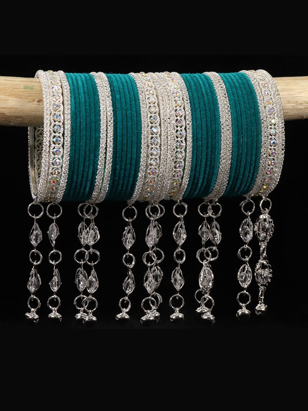 

NMII Set Of 40 Velvet & Gemstone-Studded Bangles, Teal