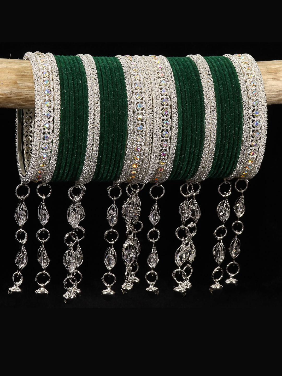 

NMII Set Of 40 Velvet & Gemstone-Studded Bangles, Green