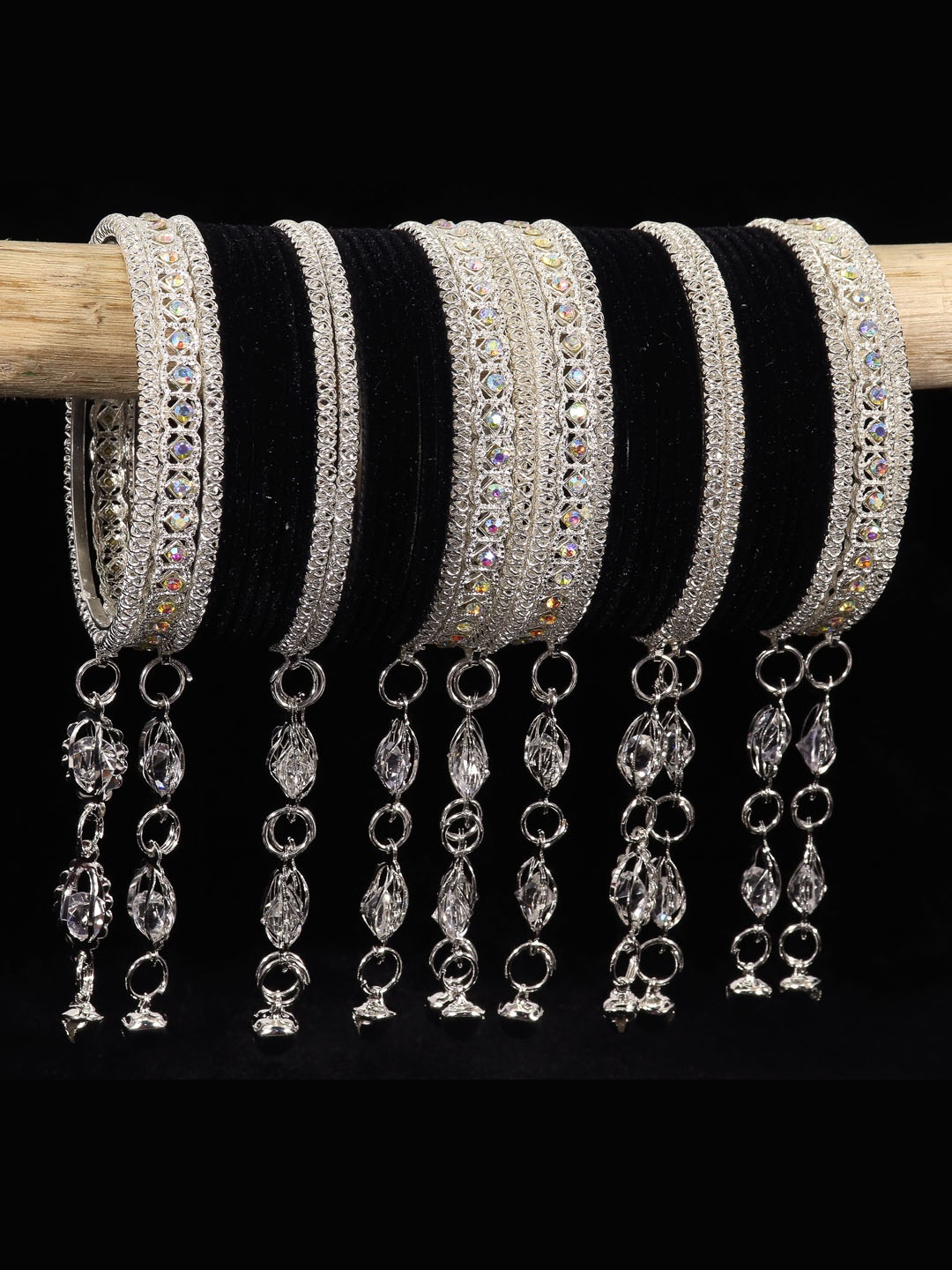 

NMII Set Of 40 Velvet & Gemstone-Studded Bangles, Silver