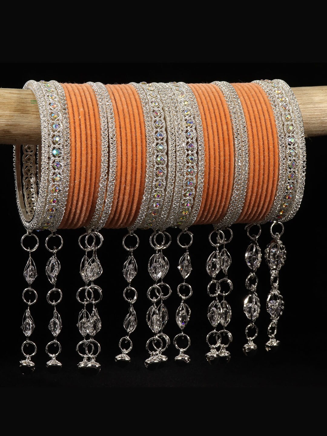 

NMII Set Of 40 Velvet & Gemstone-Studded Bangle, Orange