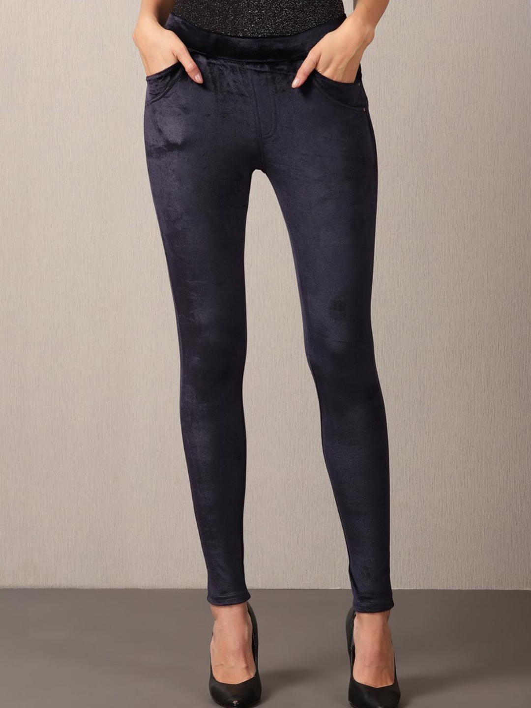 

Lakshita Women Skinny Fit Velvet Jeggings, Navy blue
