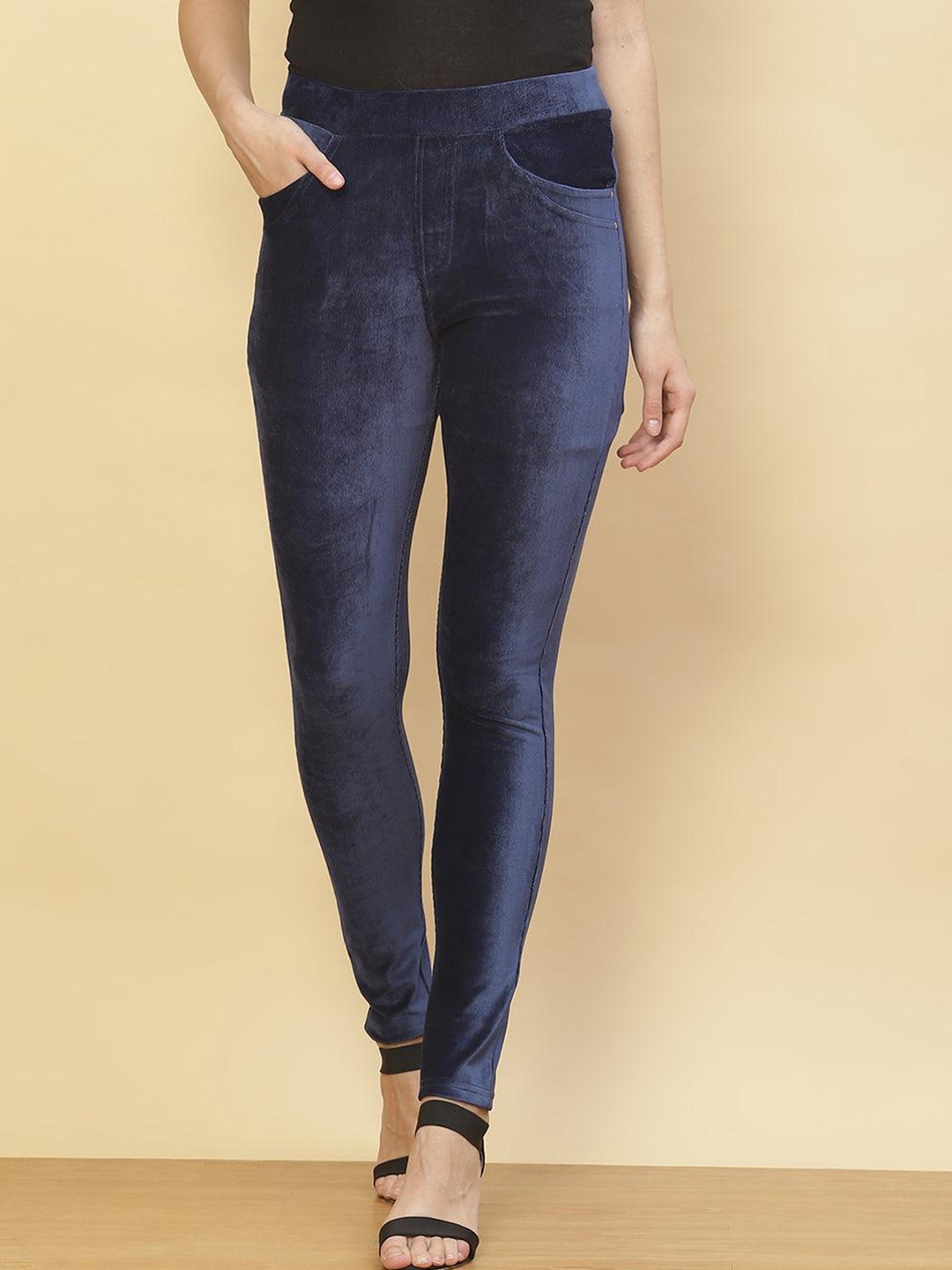 

Lakshita Women Skinny Fit Velvet Jeggings, Navy blue