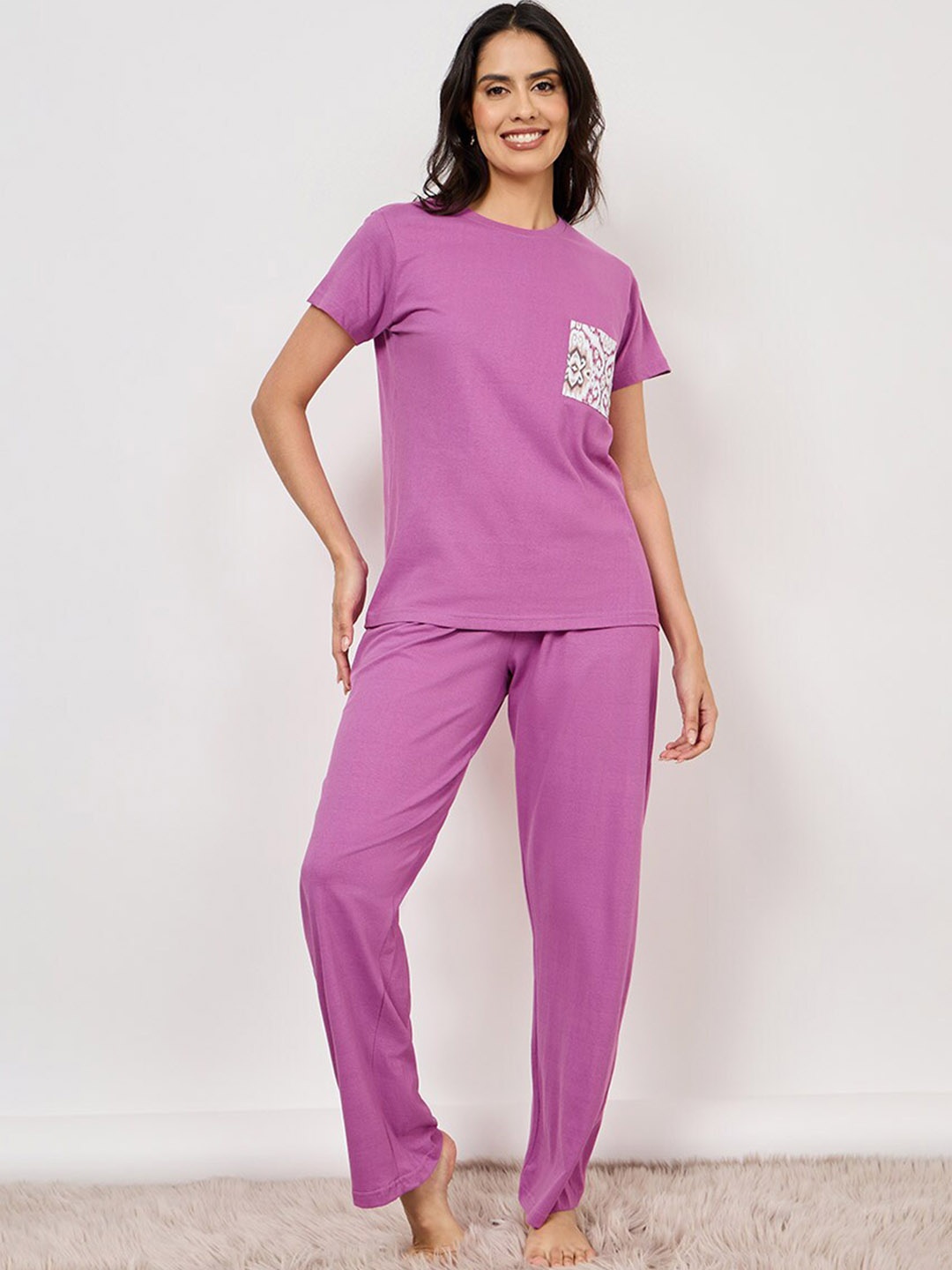 

Styli Pure Cotton T-shirt With Pyjama, Purple