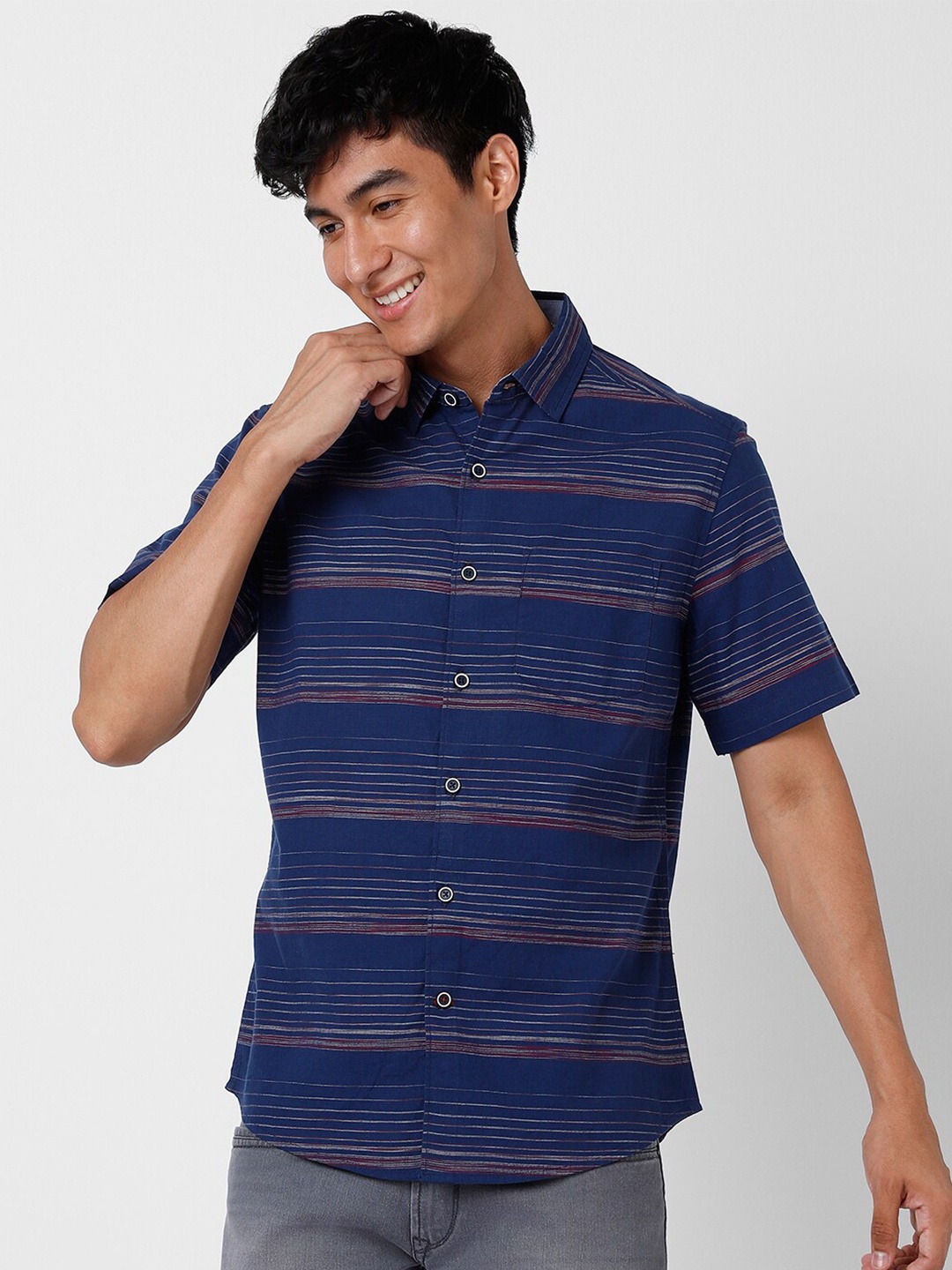 

VASTRADO Horizontal Striped Cotton Casual Shirt, Navy blue