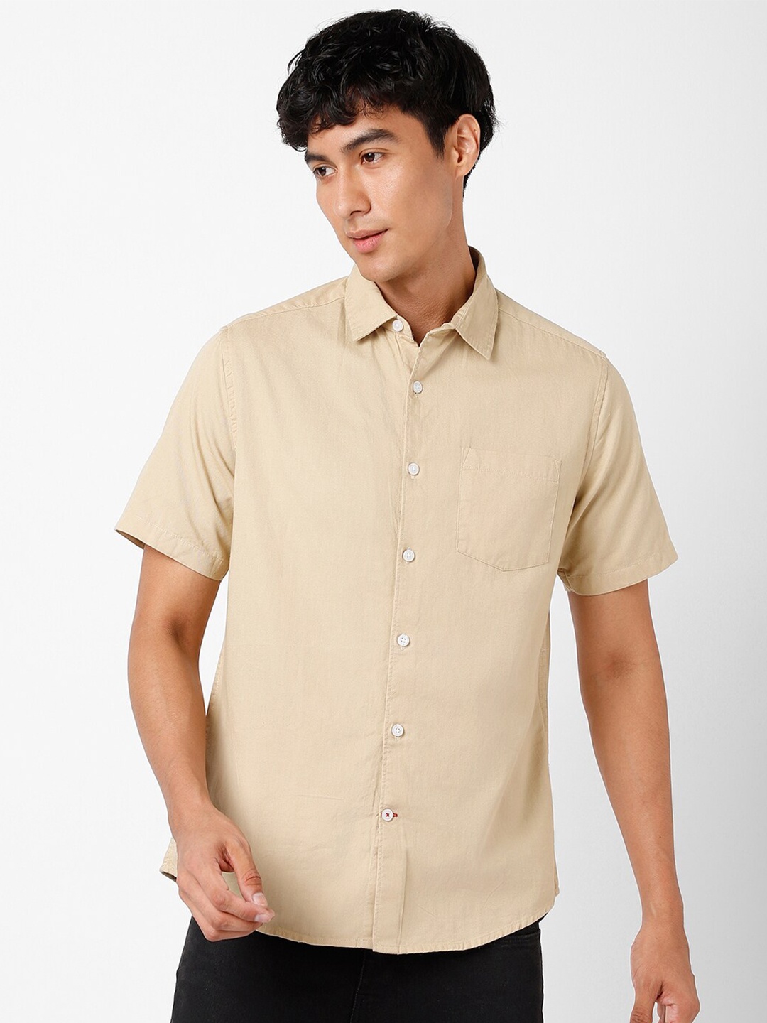 

VASTRADO Spread Collar Cotton Casual Shirt, Beige