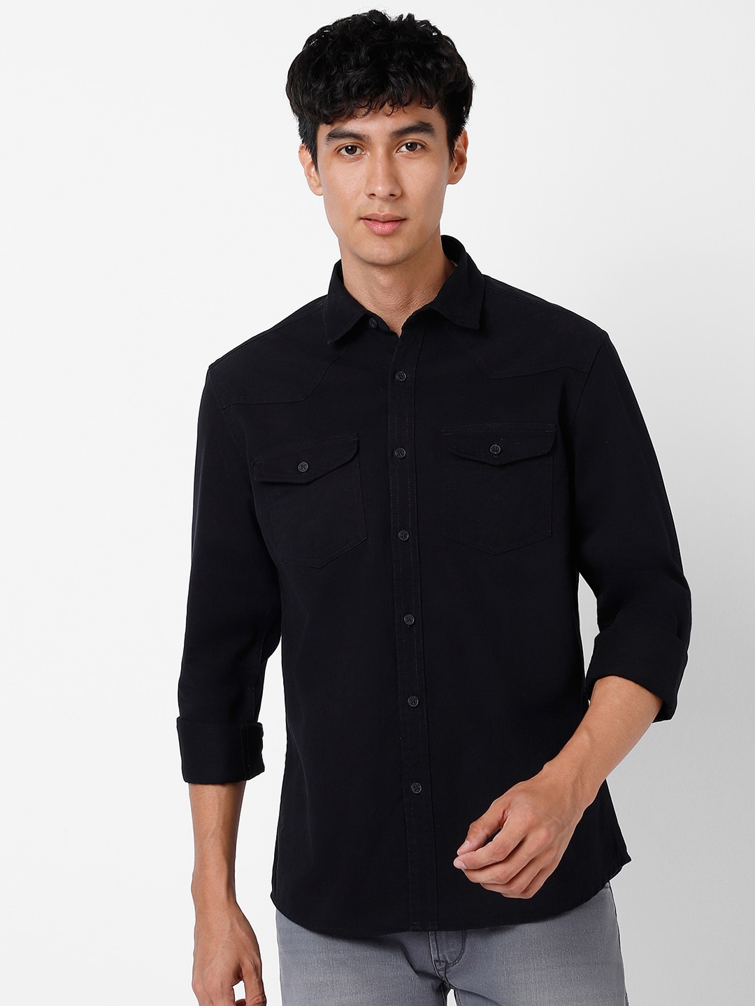 

VASTRADO Spread Collar Cotton Casual Shirt, Black