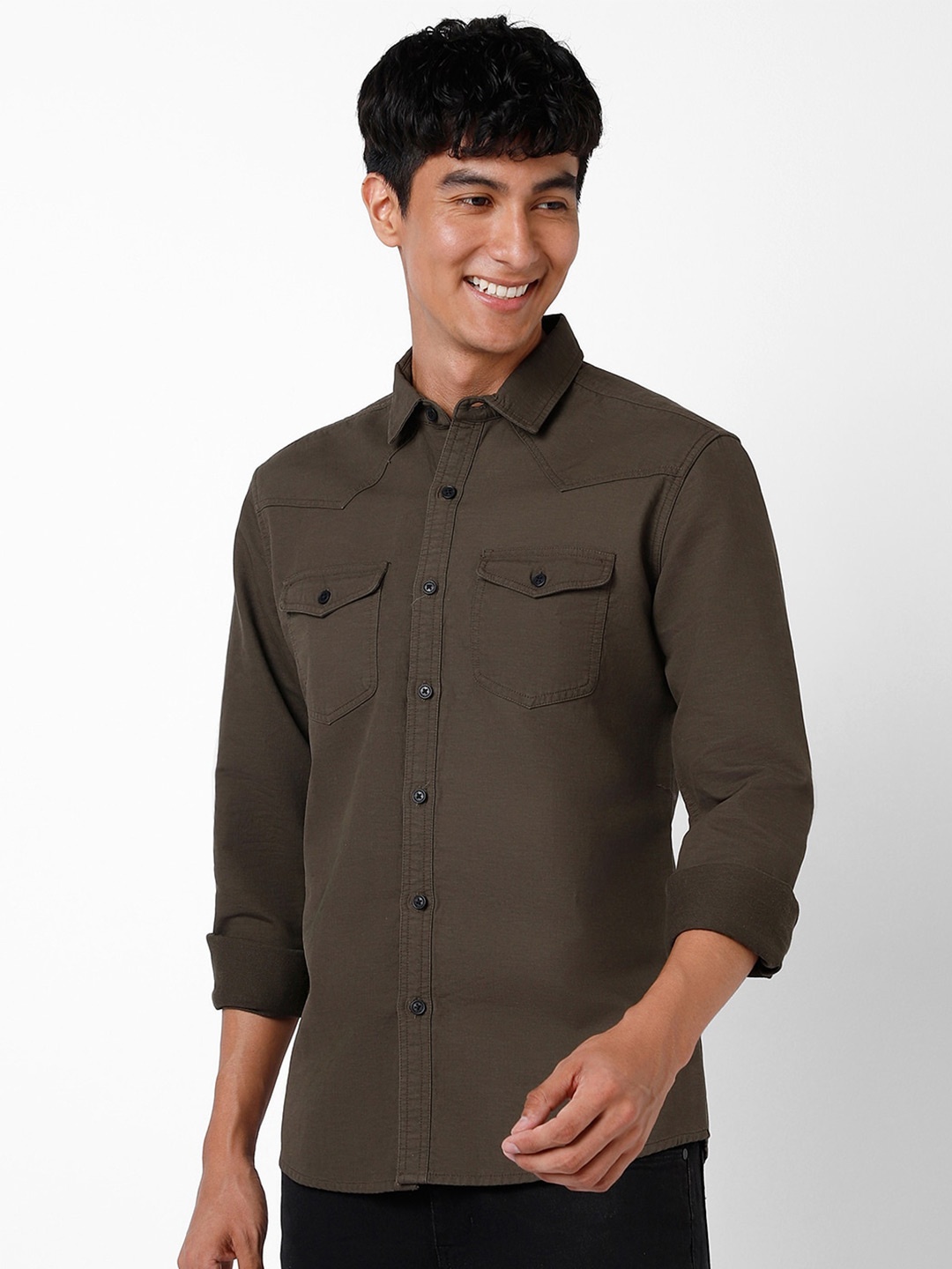 

VASTRADO Spread Collar Cotton Casual Shirt, Olive