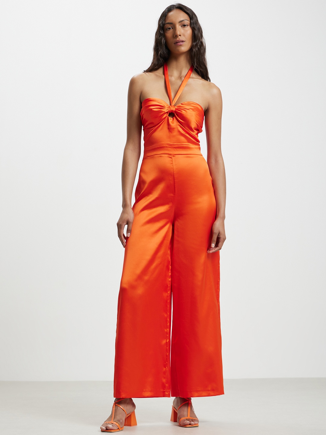

CALLIOPE Halter Neck Satin Finish Basic Jumpsuit, Orange