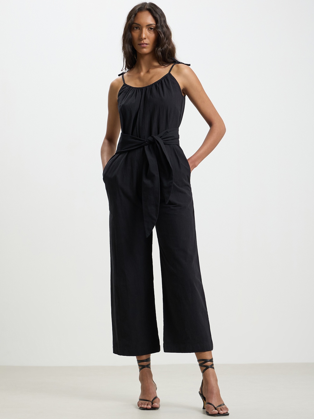 

CALLIOPE Tie-Up Shoulder Straps Pure Cotton Basic Jumpsuit, Black