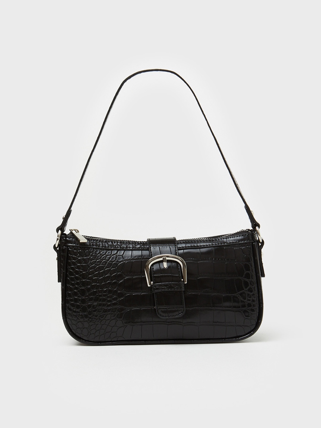 

CALLIOPE Women Croc Textured Structured Shoulder Bag with Buckle Detail, Black