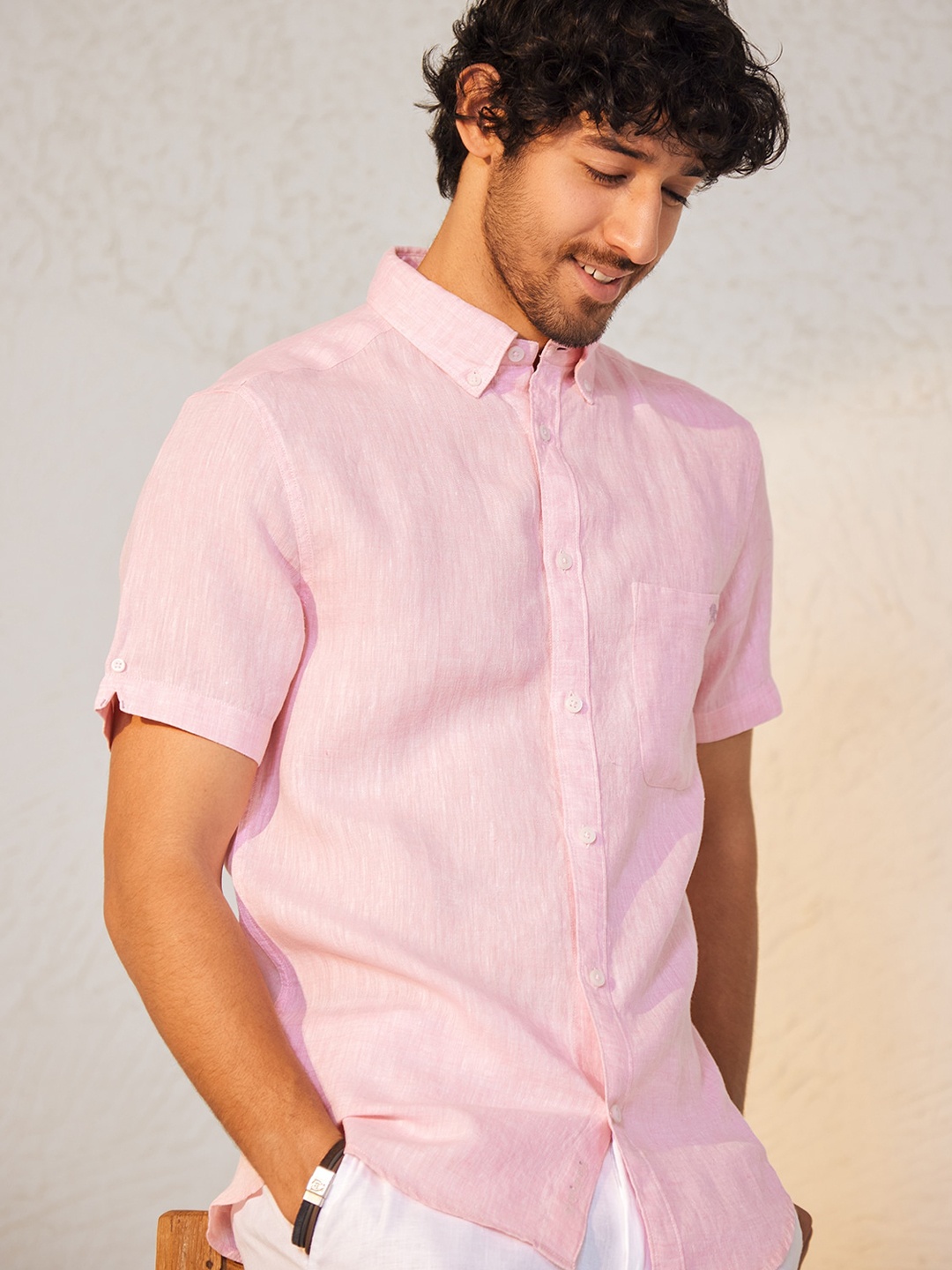 

Andamen Spread Collar Classic Fit Opaque Formal Linen Shirt, Pink