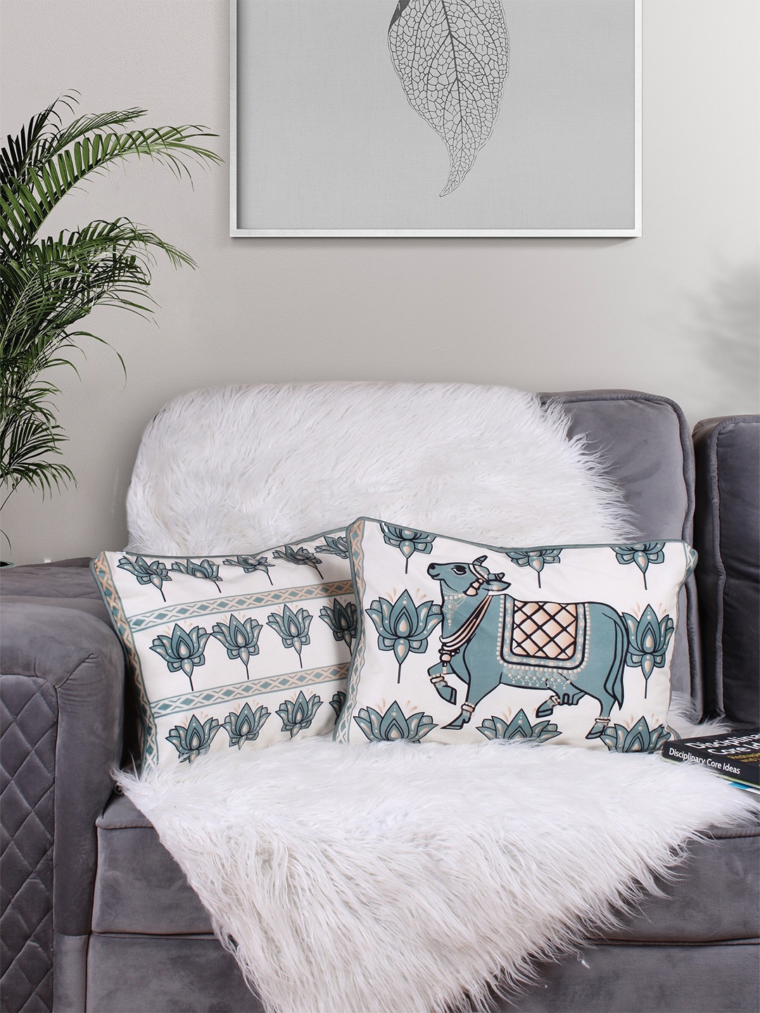 

STITCHNEST White & Green 2 Pieces Ethnic Motifs Velvet Rectangle Cushion Covers