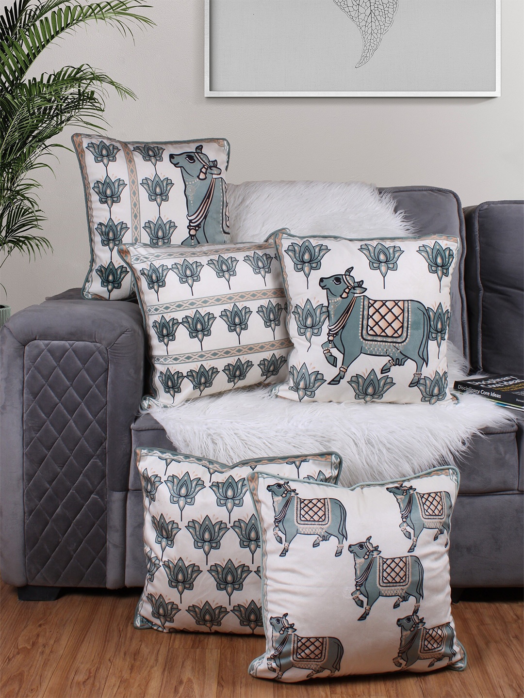 

STITCHNEST Green & White 5 Pieces Ethnic Motifs Velvet Square Cushion Covers