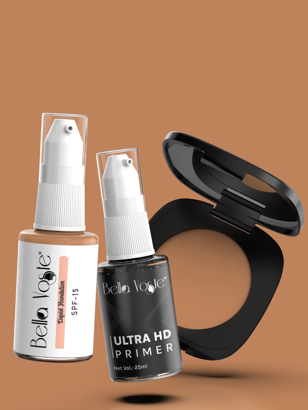 

Bella Voste Set Of 3 Professional Foundation-Compact & Primer Makeup Kit-Dark Skin, Nude