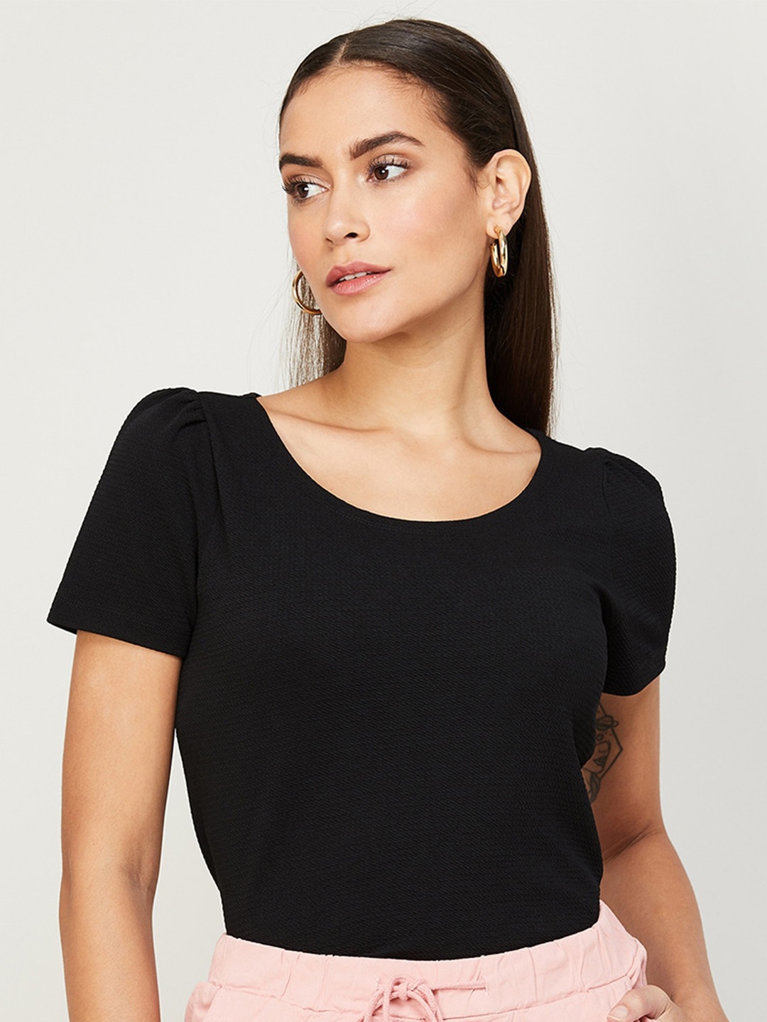 

CODE by Lifestyle Round Neck Puff Sleeves Regular Top, Black