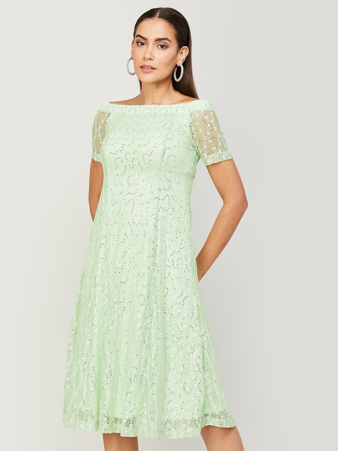 

CODE by Lifestyle Embellished Boat Neck A-Line Dress, Lime green