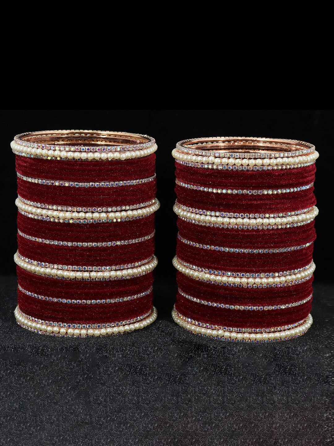 

NMII Set Of 78 CZ & Beads Studded Bangles, Maroon
